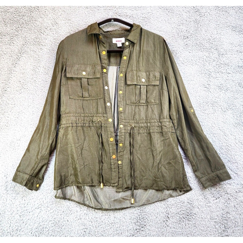 Bongo Utility Shirt Women's‎ Medium Olive Green Cinch Waist Collared Snap Front